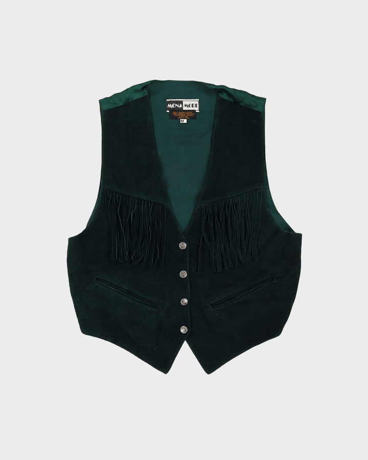 Vintage 1980s Western Dark Green Suede Fringe Waistcoat - M
