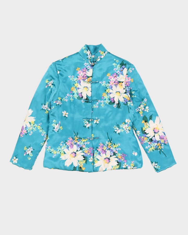 Aqua Blue Floral Patterned Cheongsam Style Jacket - XS