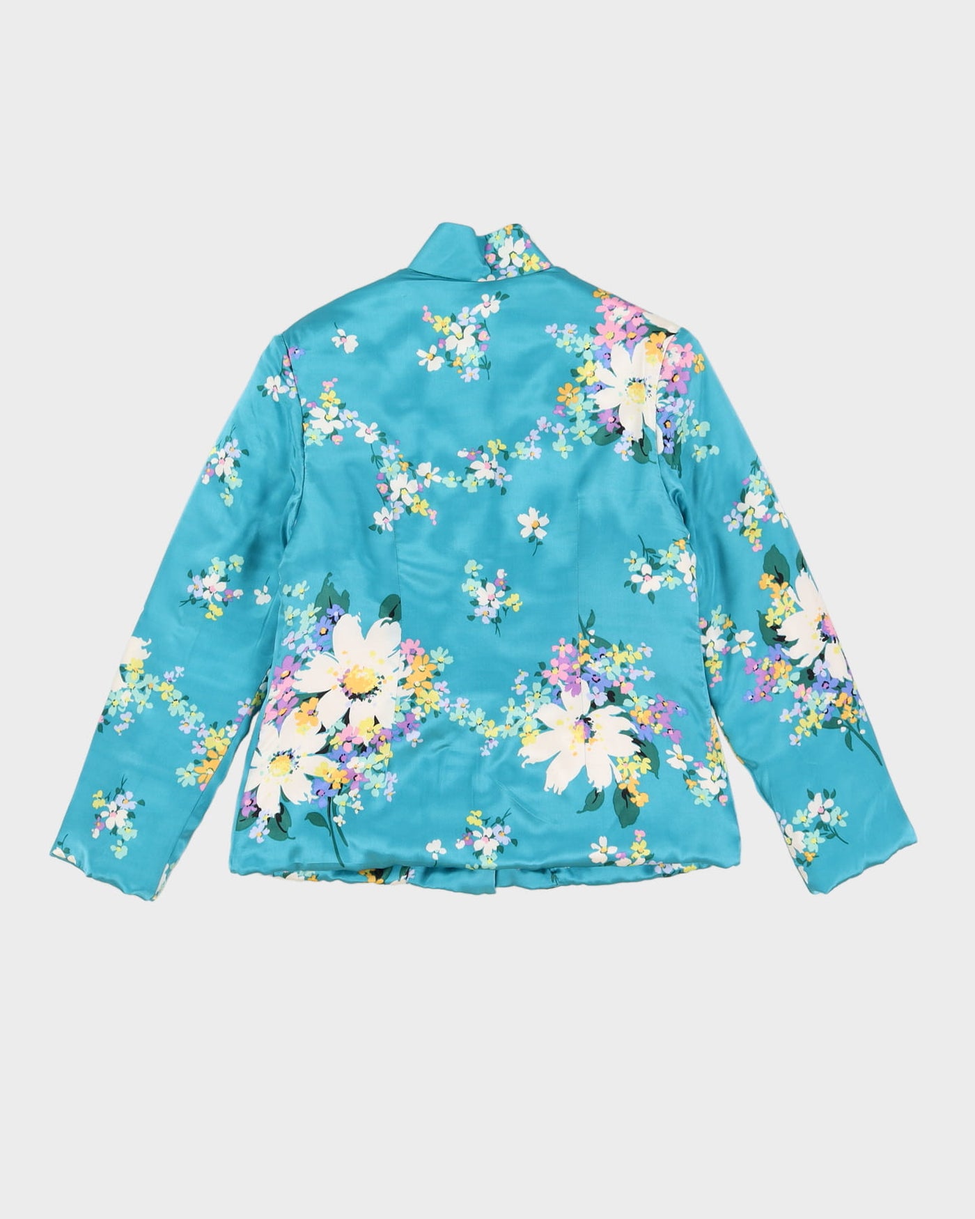Aqua Blue Floral Patterned Cheongsam Style Jacket - XS