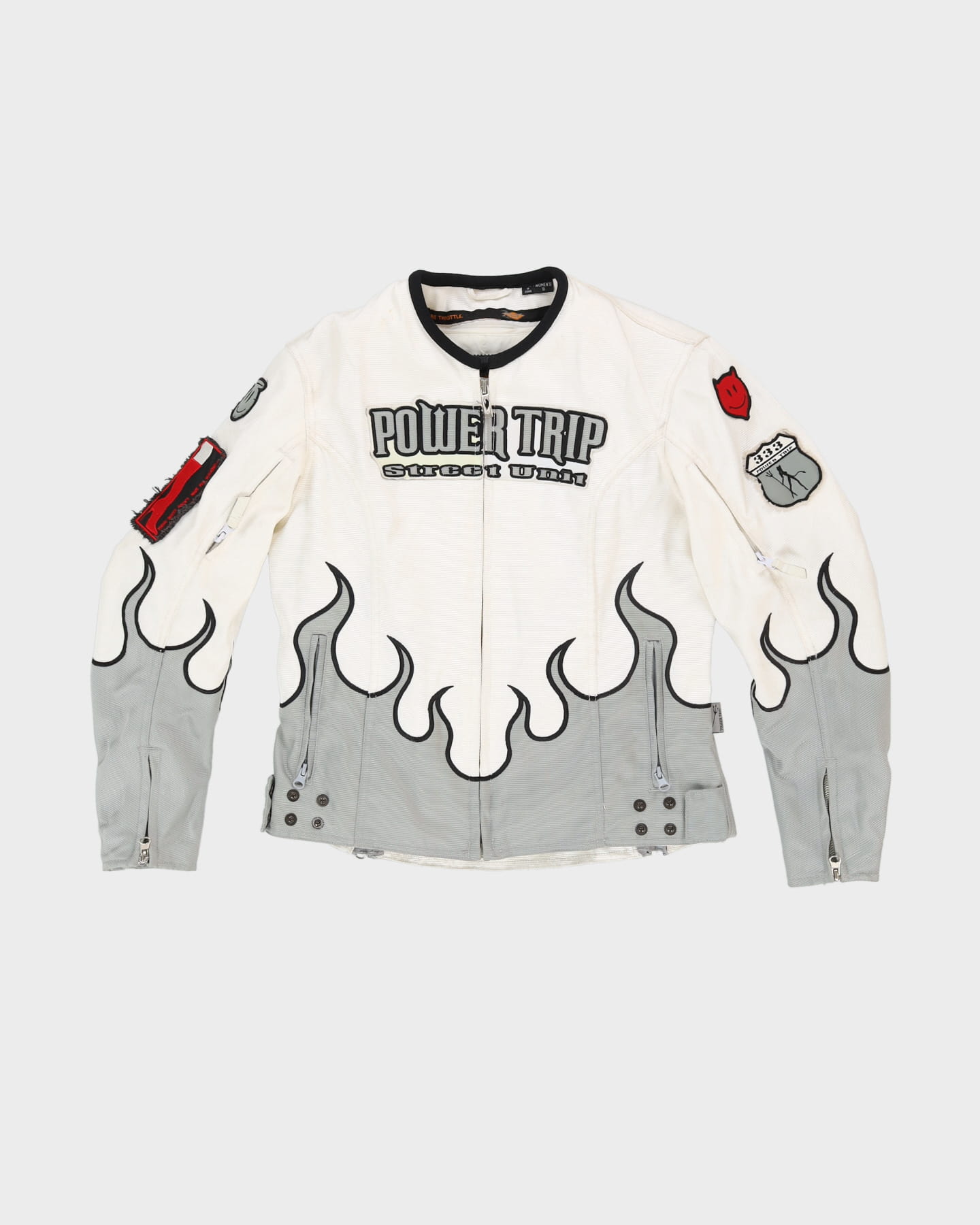 Power Trip White Flame Design Biker Jacket - S