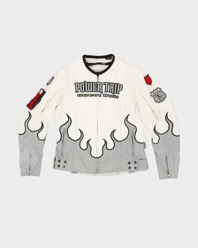 Power Trip White Flame Design Biker Jacket - S