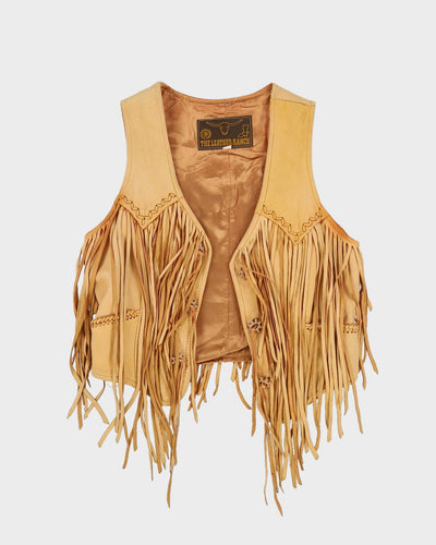 Vintage 1990s Beige Leather Fringed Waistcoat - XS
