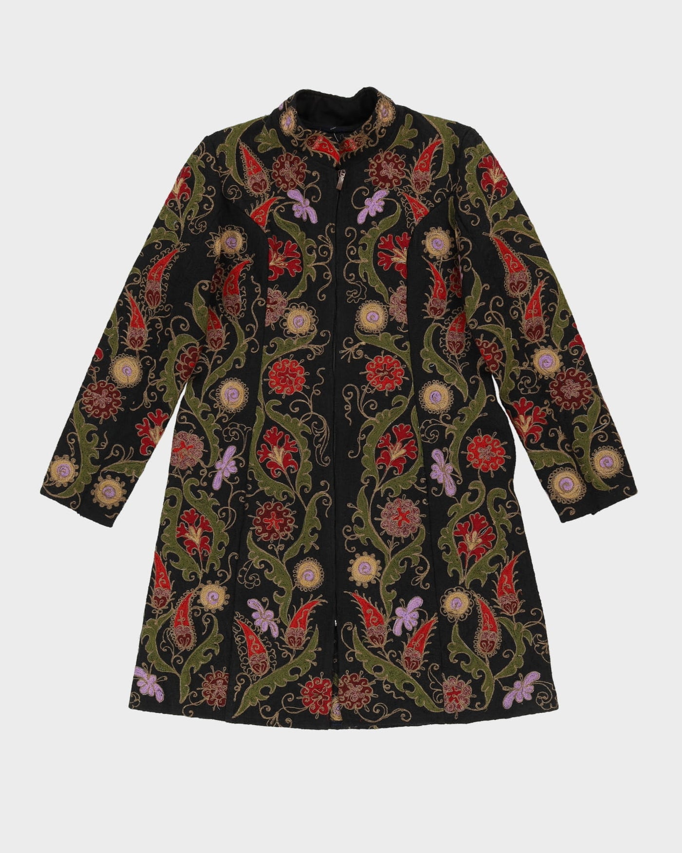 Black Floral Embroidered Overcoat - S