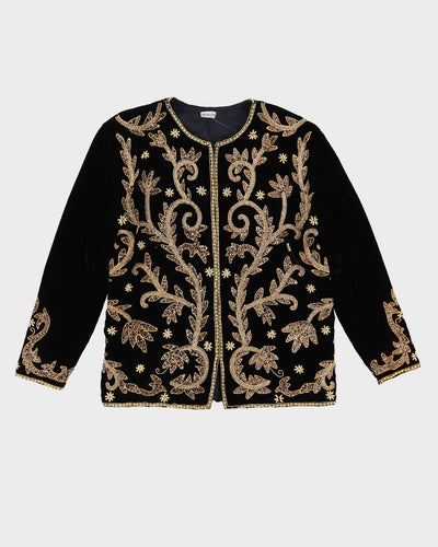 Vintage 1990s Black Velvet Gold Embroidered Jacket - M