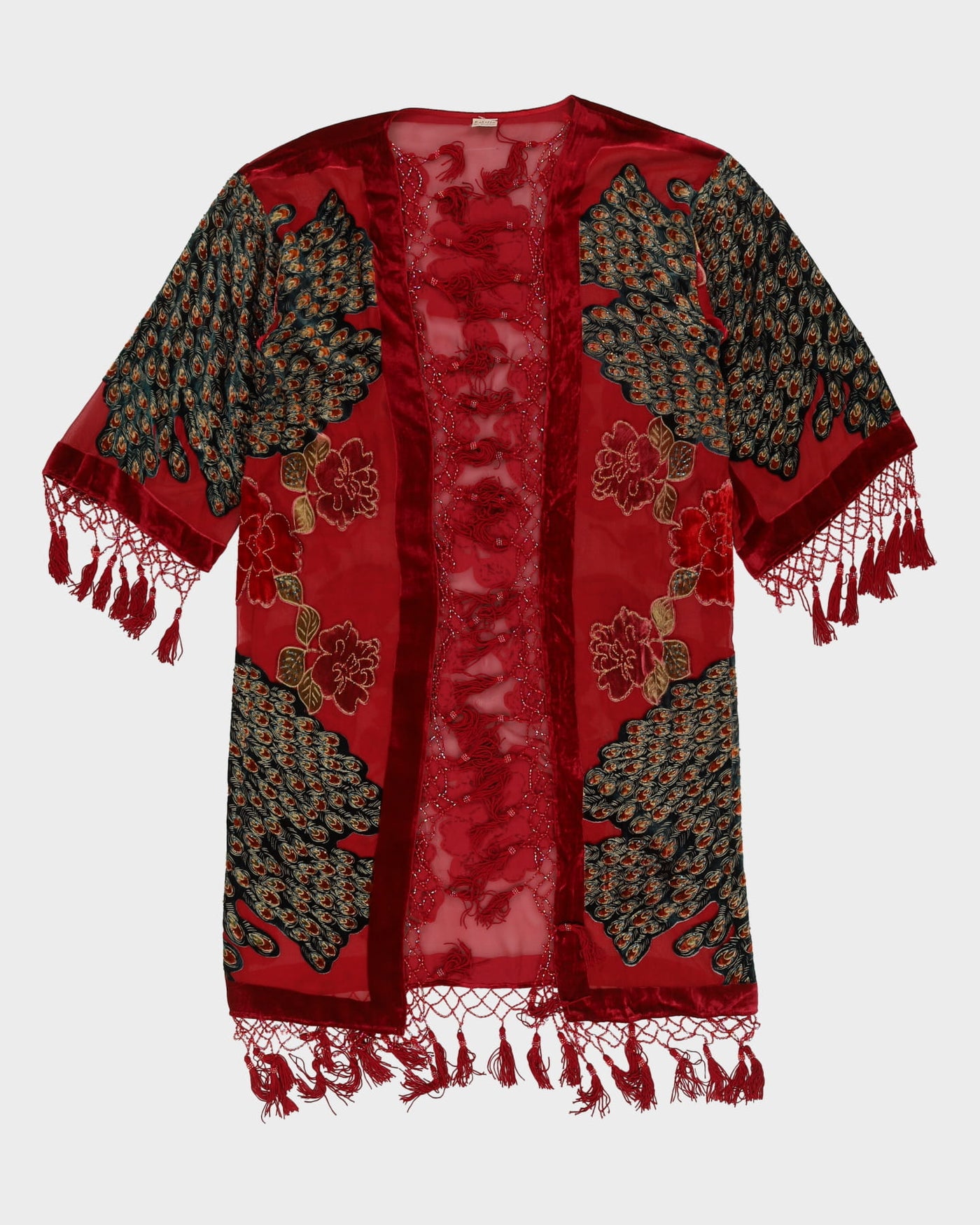 Deco Style Red Velvet Devore Fringed Jacket - M