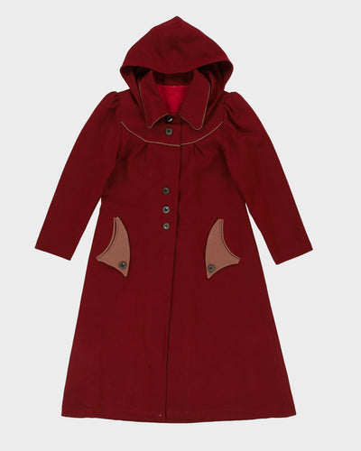 Burgundy Hooded A-Line Overcoat - S