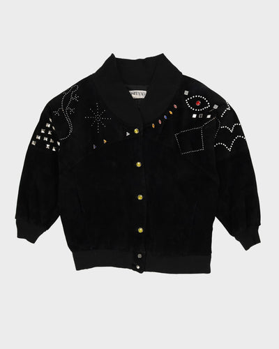 Black Suede Embellished Bomber Jacket - M / L