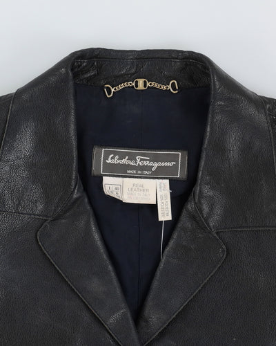 Vintage 1990s Salvatore Ferragamo Navy Leather Jacket - S