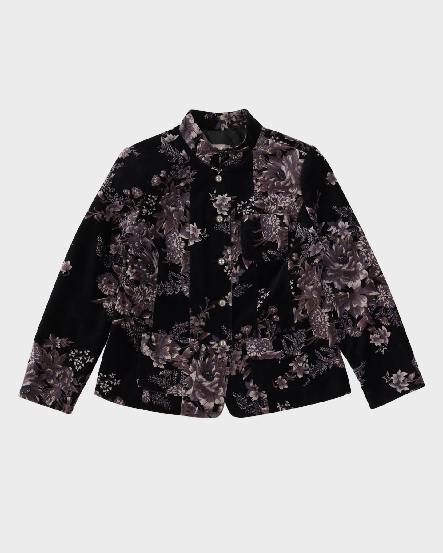 Black With Grey Floral Pattern Velvet Jacket - M