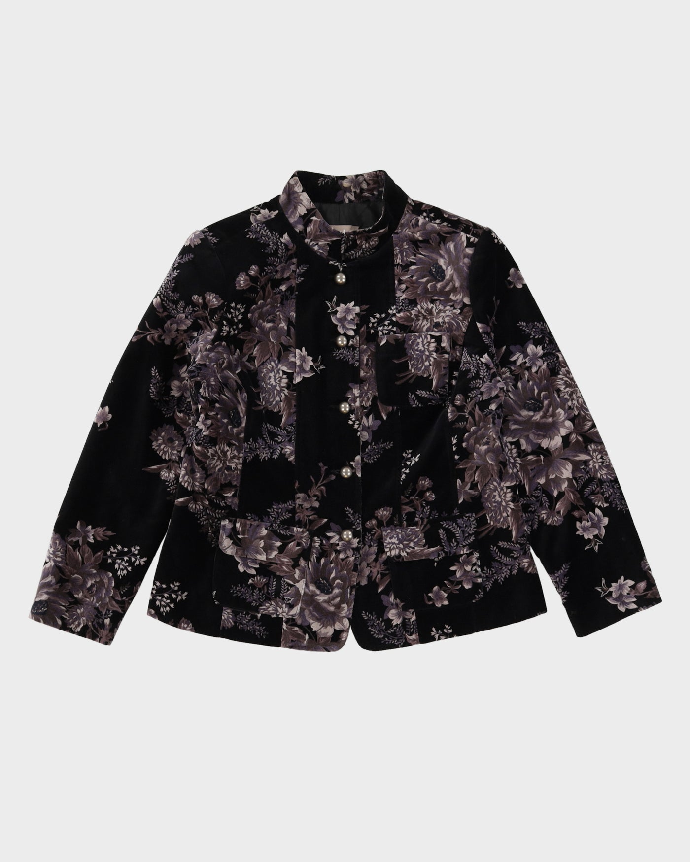 Black With Grey Floral Pattern Velvet Jacket - M