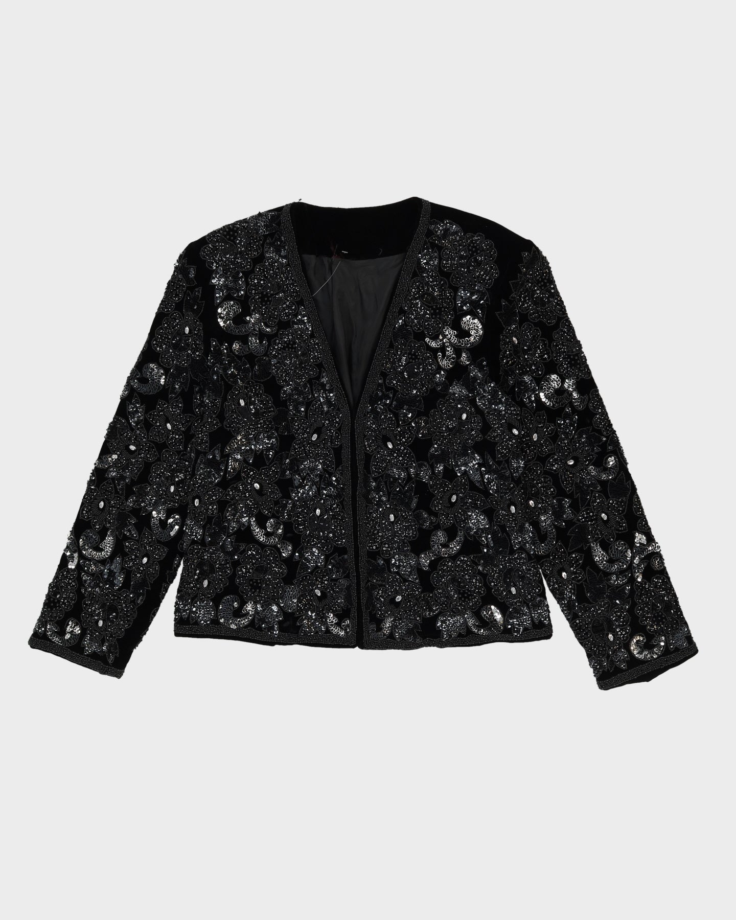 Black Beaded Sequin Velvet Jacket - M