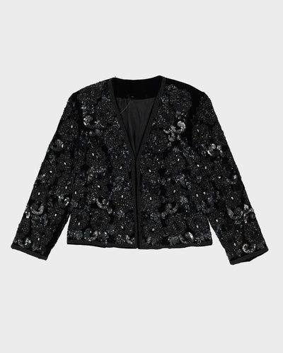 Black Beaded Sequin Velvet Jacket - M