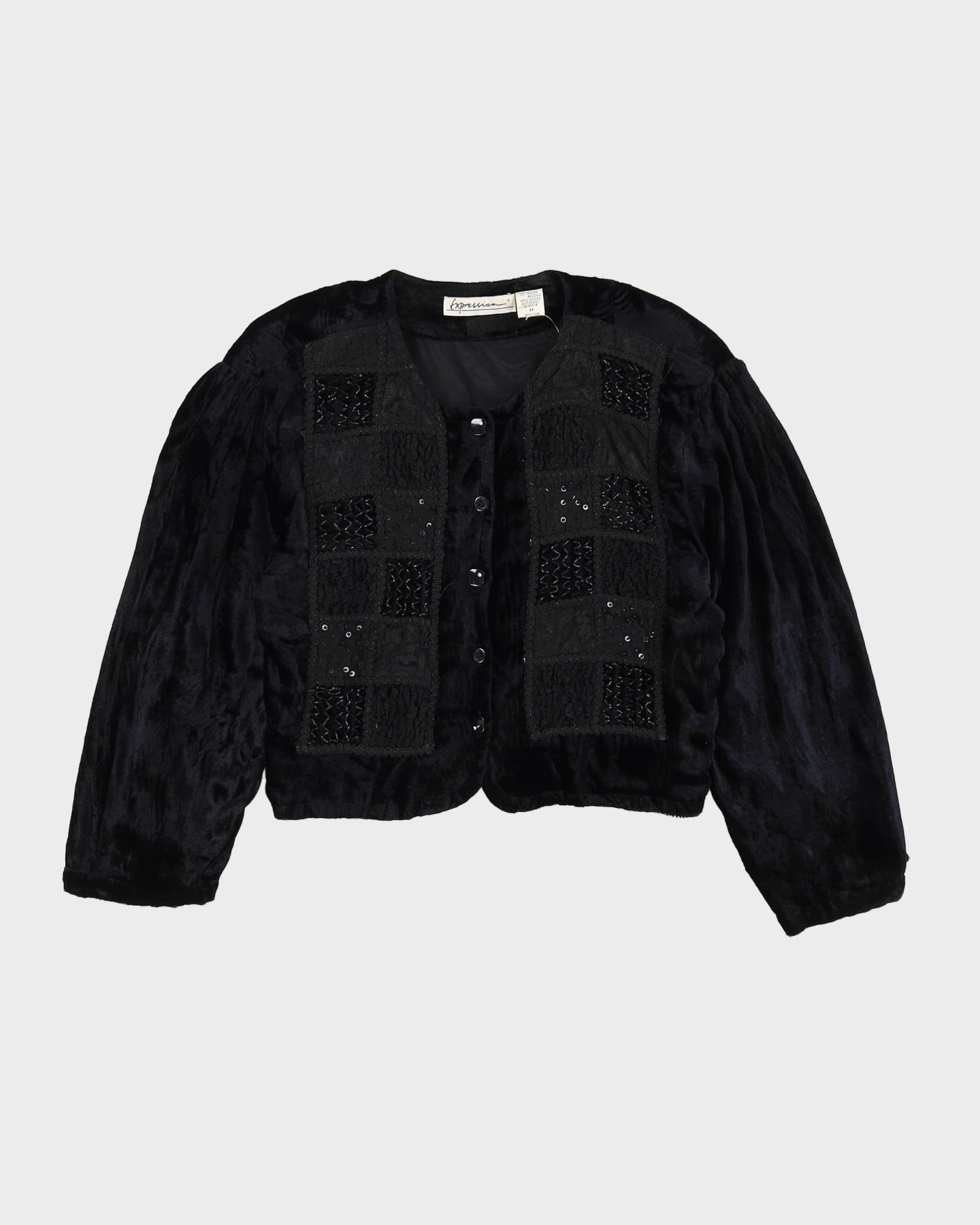 Black Beaded Cropped Velvet Jacket - M