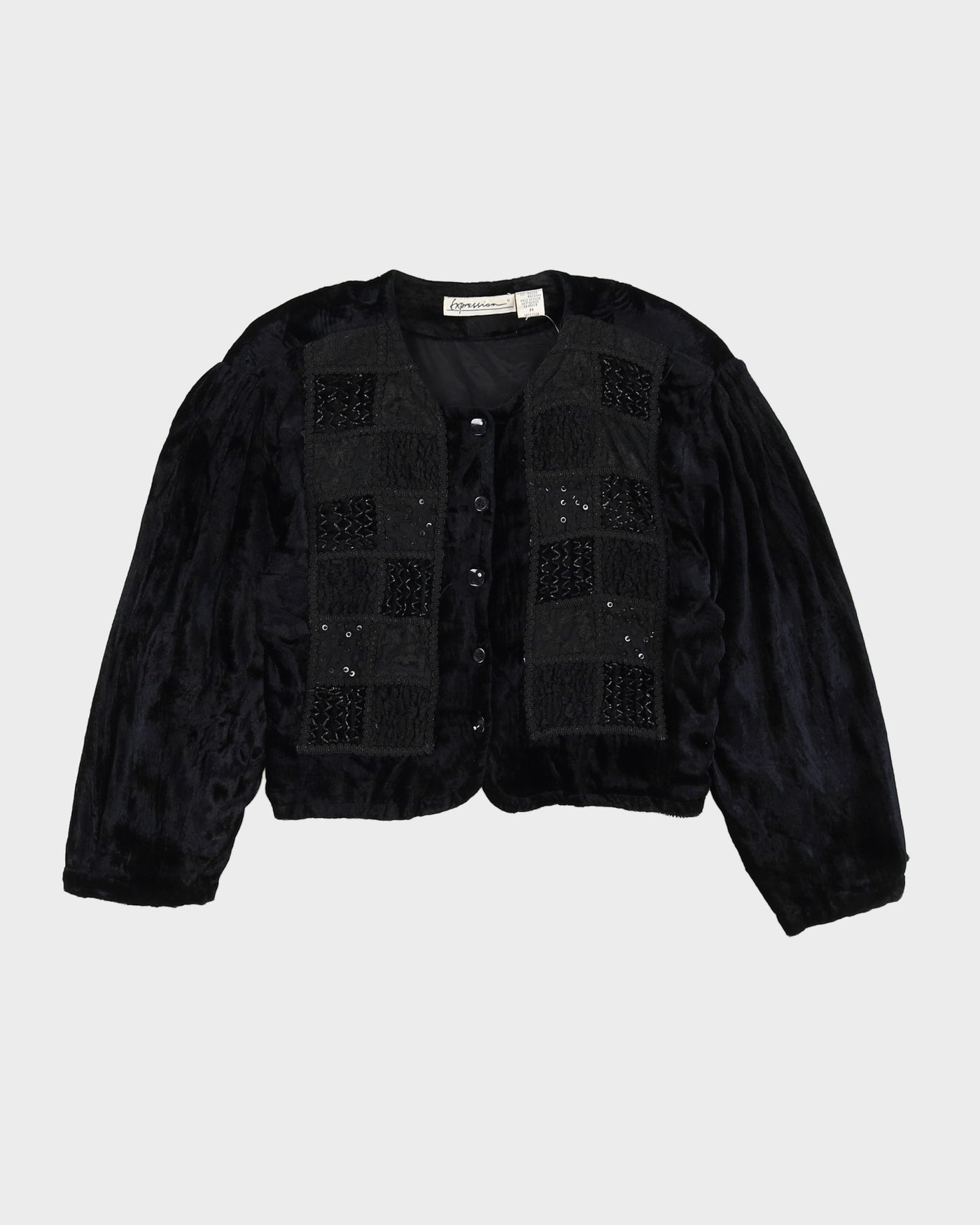 Black Beaded Cropped Velvet Jacket - M