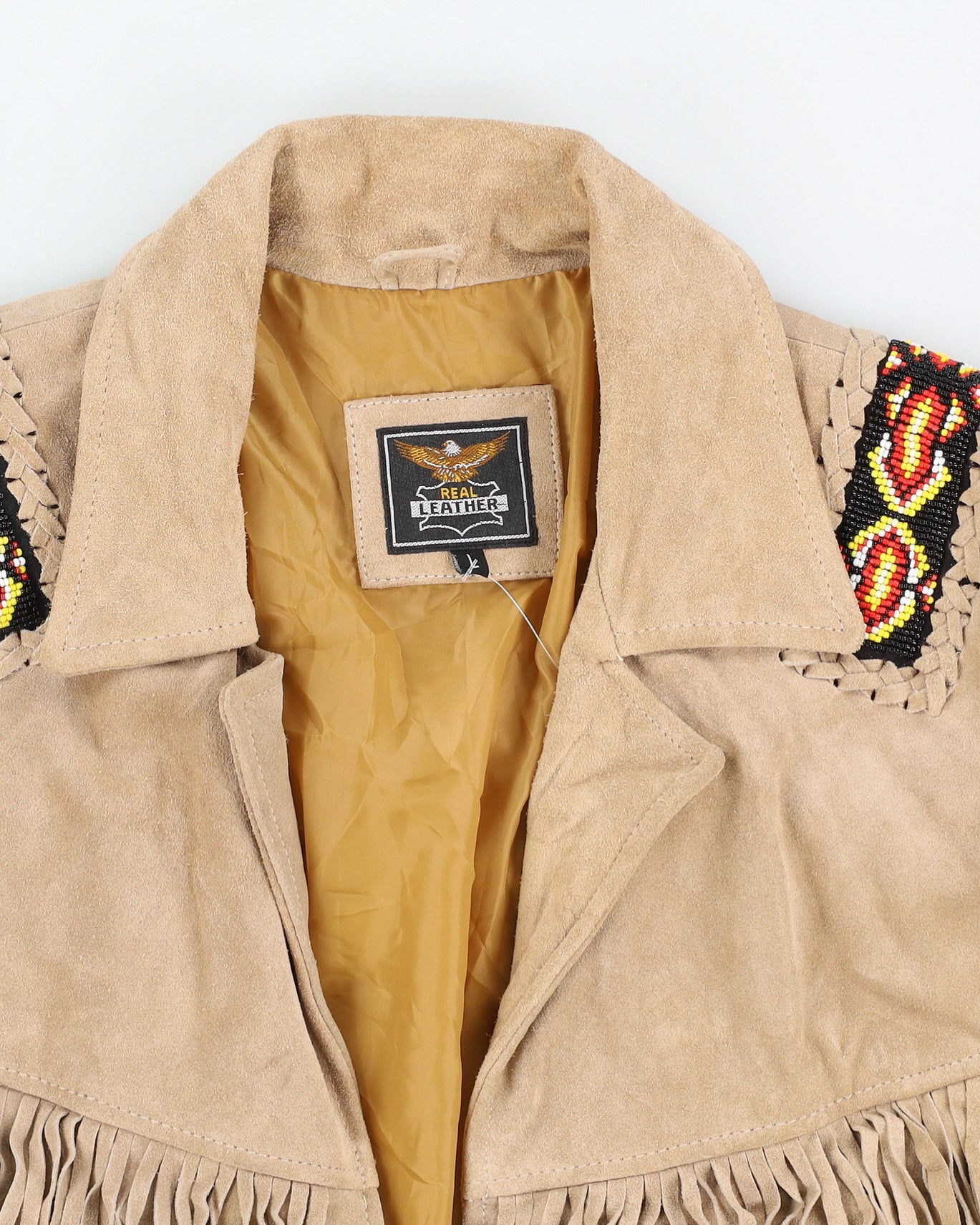 Beige Suede Fringed Beaded Jacket - L