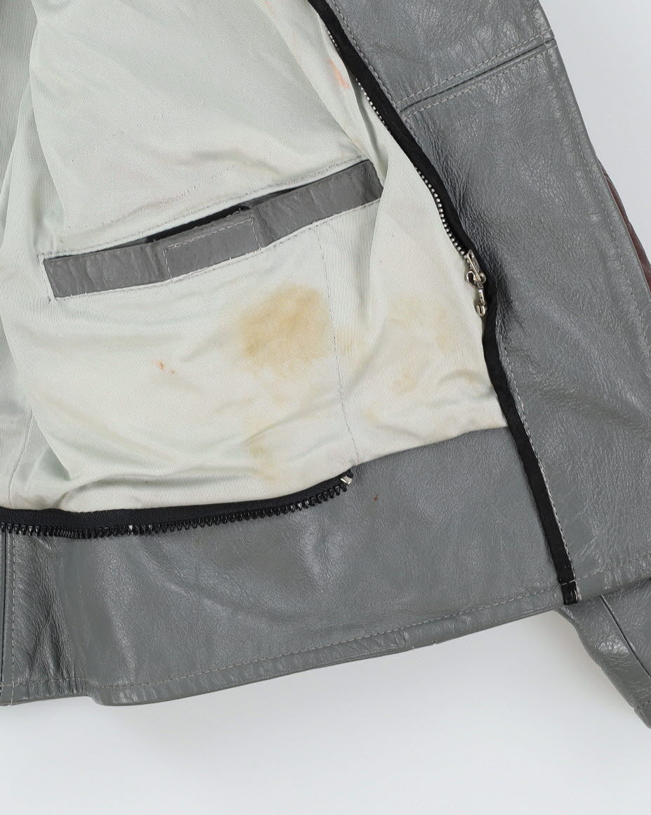 Burgundy And Grey Leather Biker Jacket - S