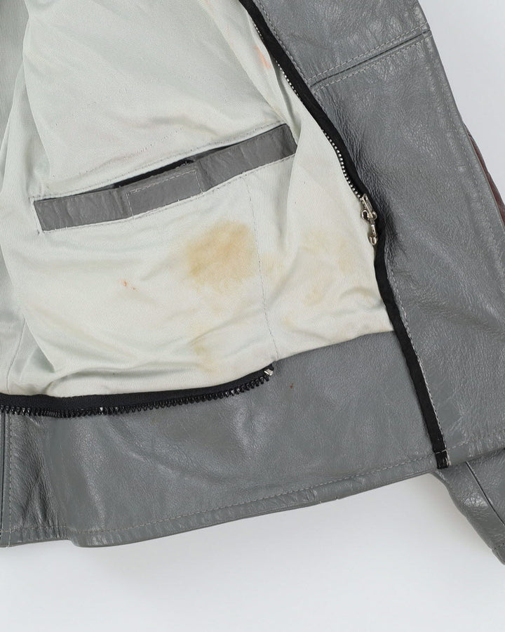 Burgundy And Grey Leather Biker Jacket - S