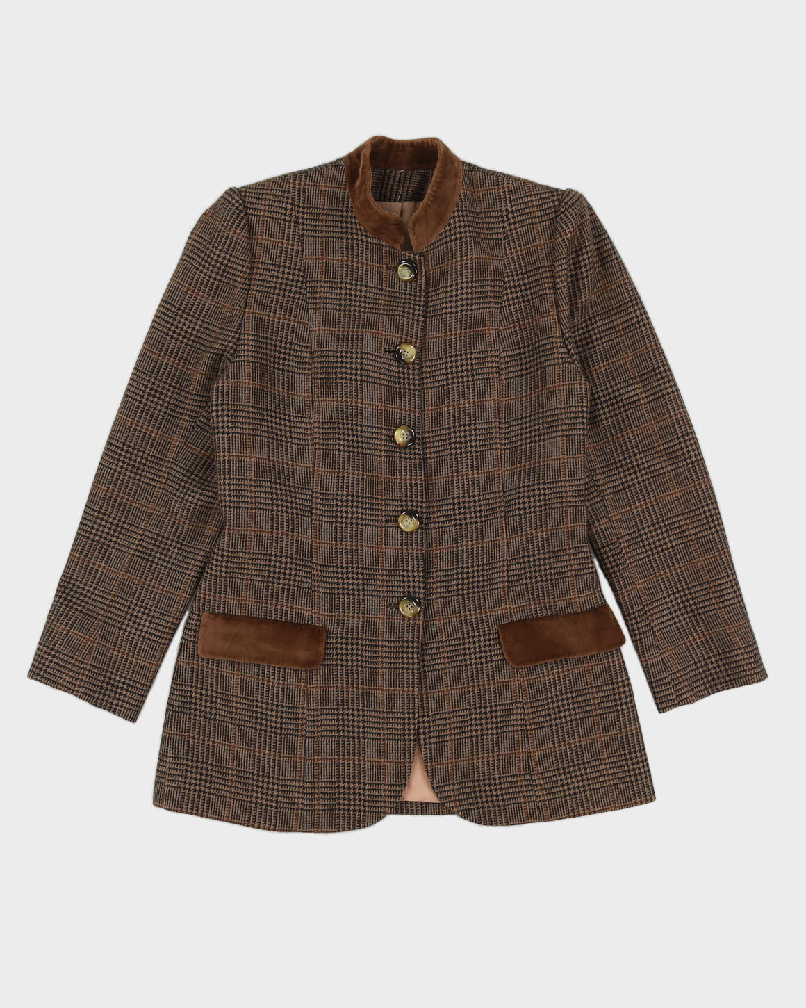 Brown Tweed With Velvet Collar Blazer Jacket - S