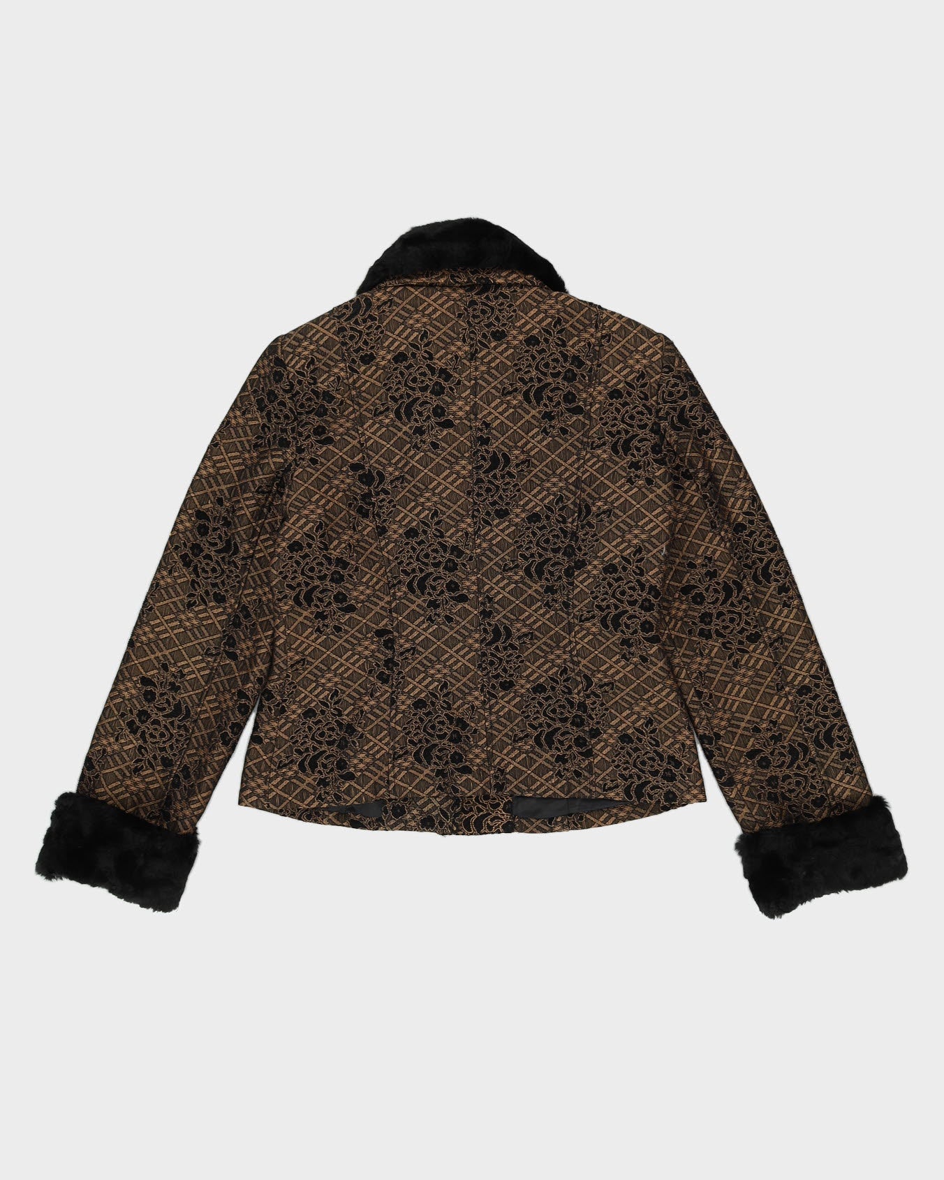 Black Brocade With Faux Fur Blazer Jacket - M