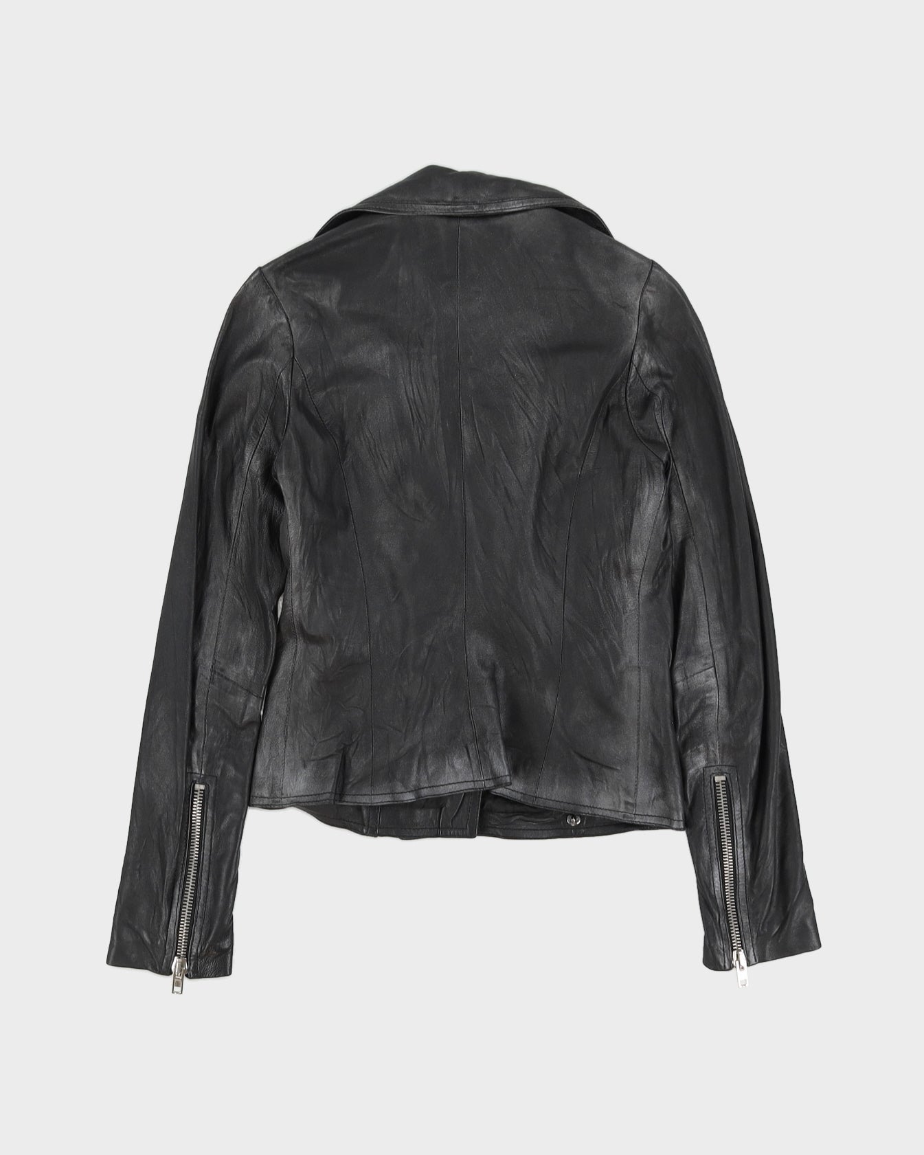 Black Leather Biker Zip Jacket - XXS
