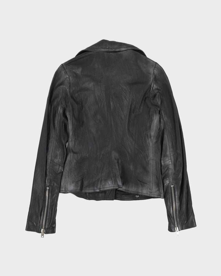 Black Leather Biker Zip Jacket - XXS