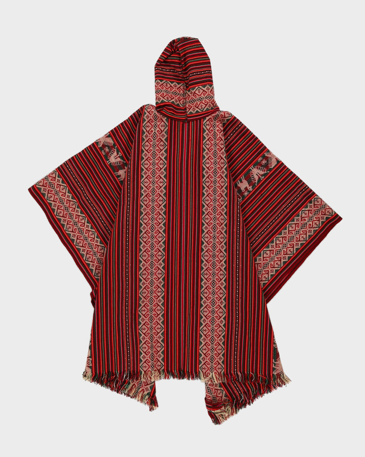 Red Patterned Woven Poncho - L