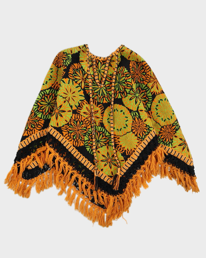 Orange Patterned Woven Poncho - S