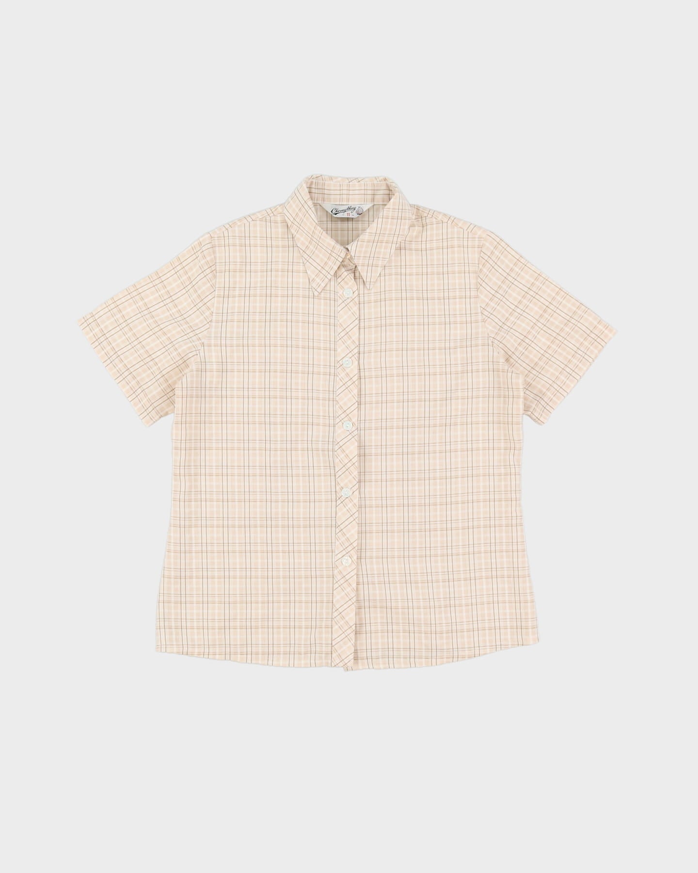 Vintage 70s Cream Check Patterned Short-Sleeve Shirt - M