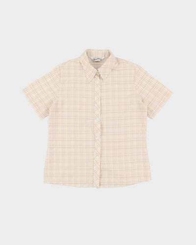 Vintage 70s Cream Check Patterned Short-Sleeve Shirt - M