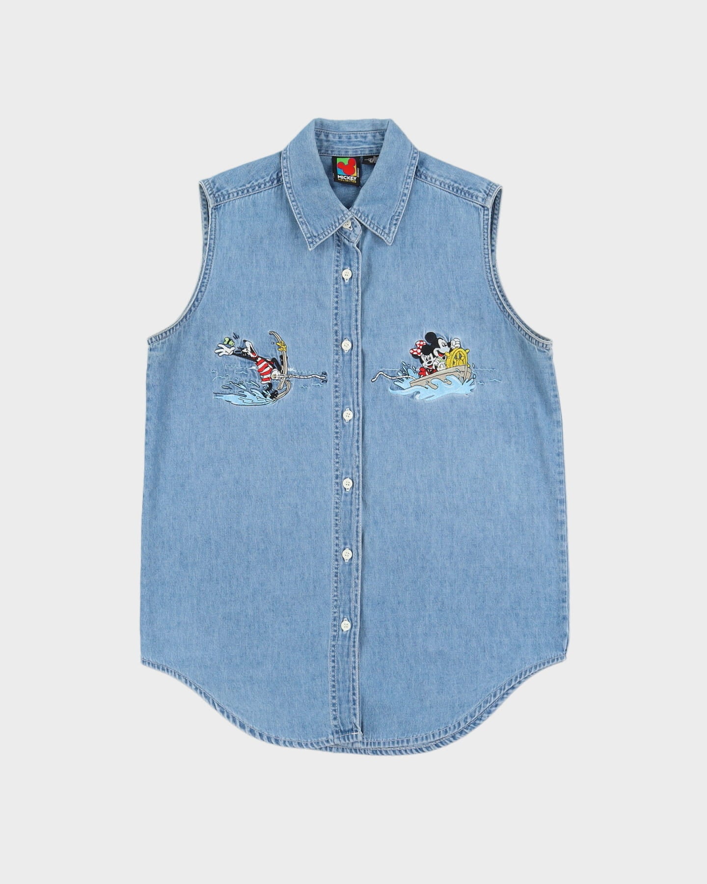 Vintage 90s Disney Embroidered Design Blue Sleeveless Denim Shirt - S
