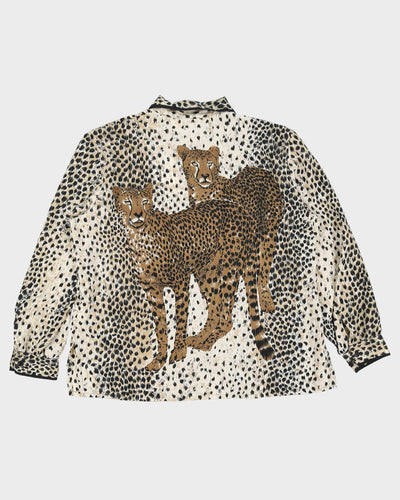 Vintage 1990s Silky Animal Print Collared Dress Shirt with Cheetahs - M