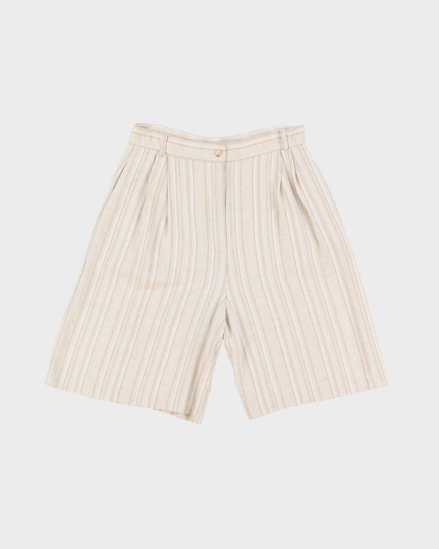 90s Beige White Striped High Waist Bermuda Shorts - W30