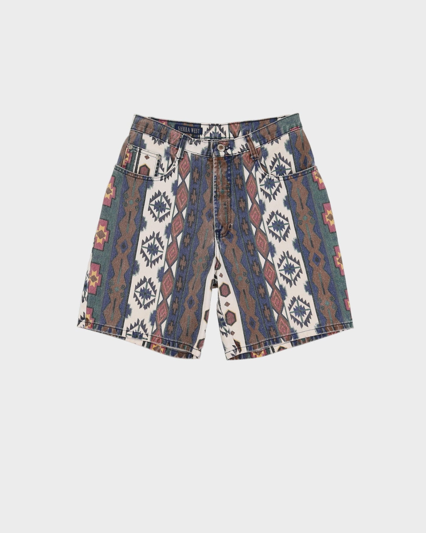 Vintage 90s Sierra West Blue Geometric Pattern High Waist Shorts - W28