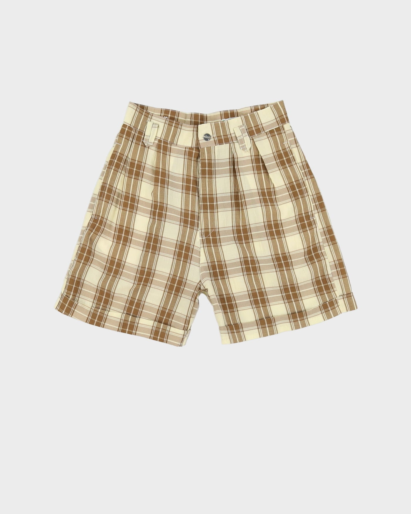 Vintage Becks Beige / Cream / Brown Checked High Waist Tapered Shorts - W28