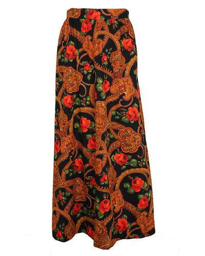 70s Dark Floral & Paisley Bohemian Midi Skirt - S