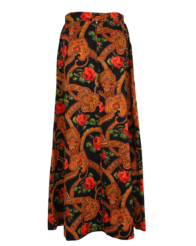 70s Dark Floral &amp; Paisley Bohemian Midi Skirt - S