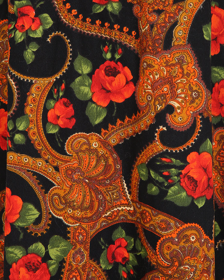70s Dark Floral &amp; Paisley Bohemian Midi Skirt - S