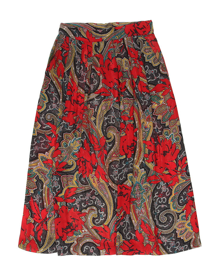 1990's Black And Red Patterned Midi Skirt - S