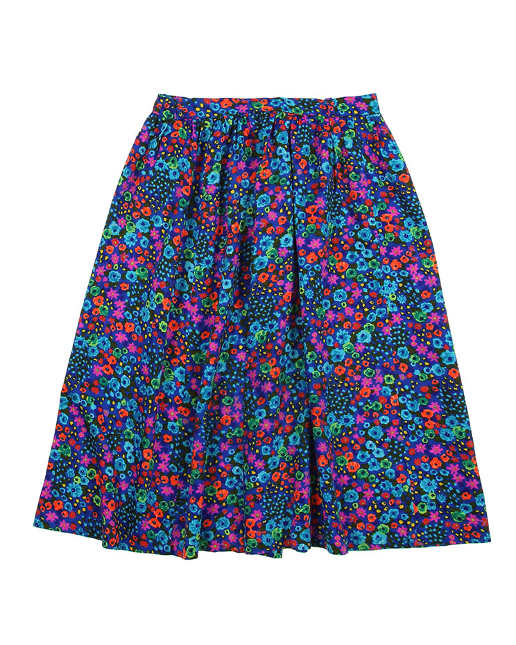 1970's Blue Floral Patterned Midi Skirt - S