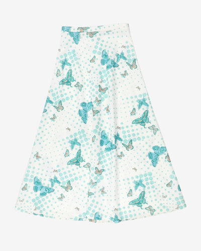vintage white blue butterfly print a-line maxi skirt - s