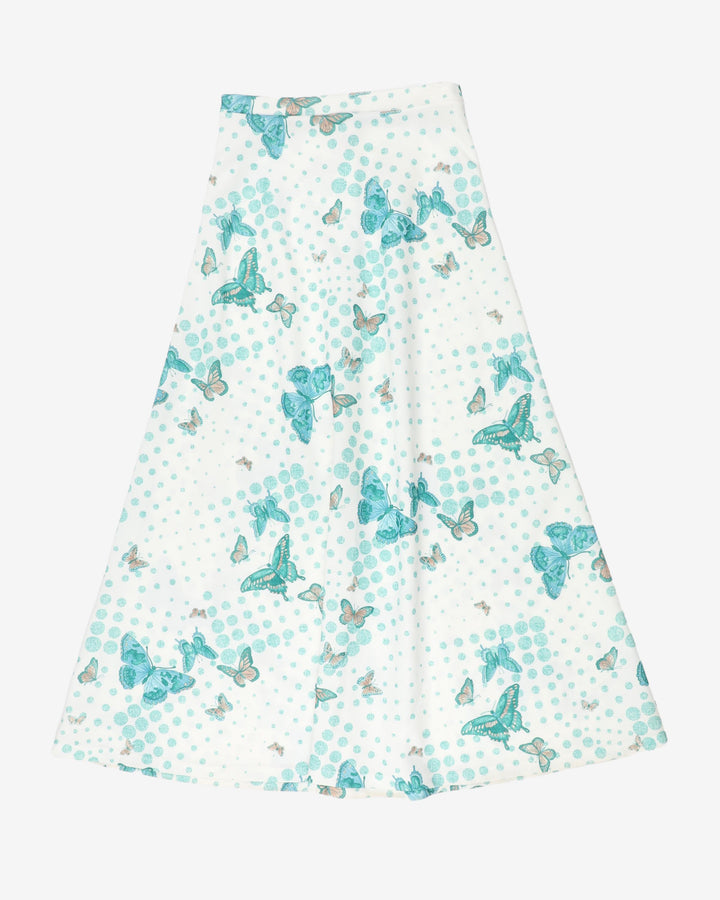 vintage white blue butterfly print a-line maxi skirt - s