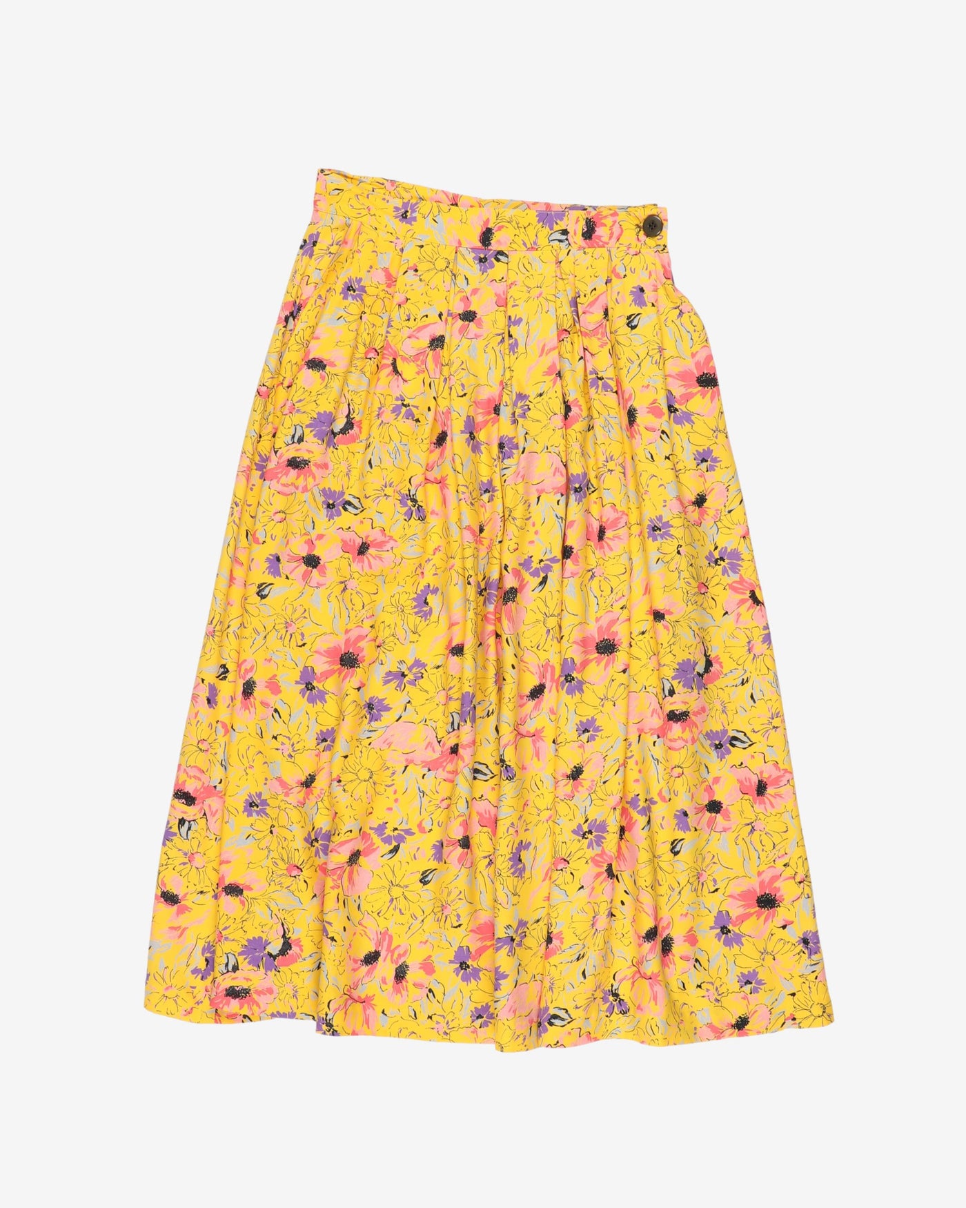 Yellow with pink flowers pleated skirt - S