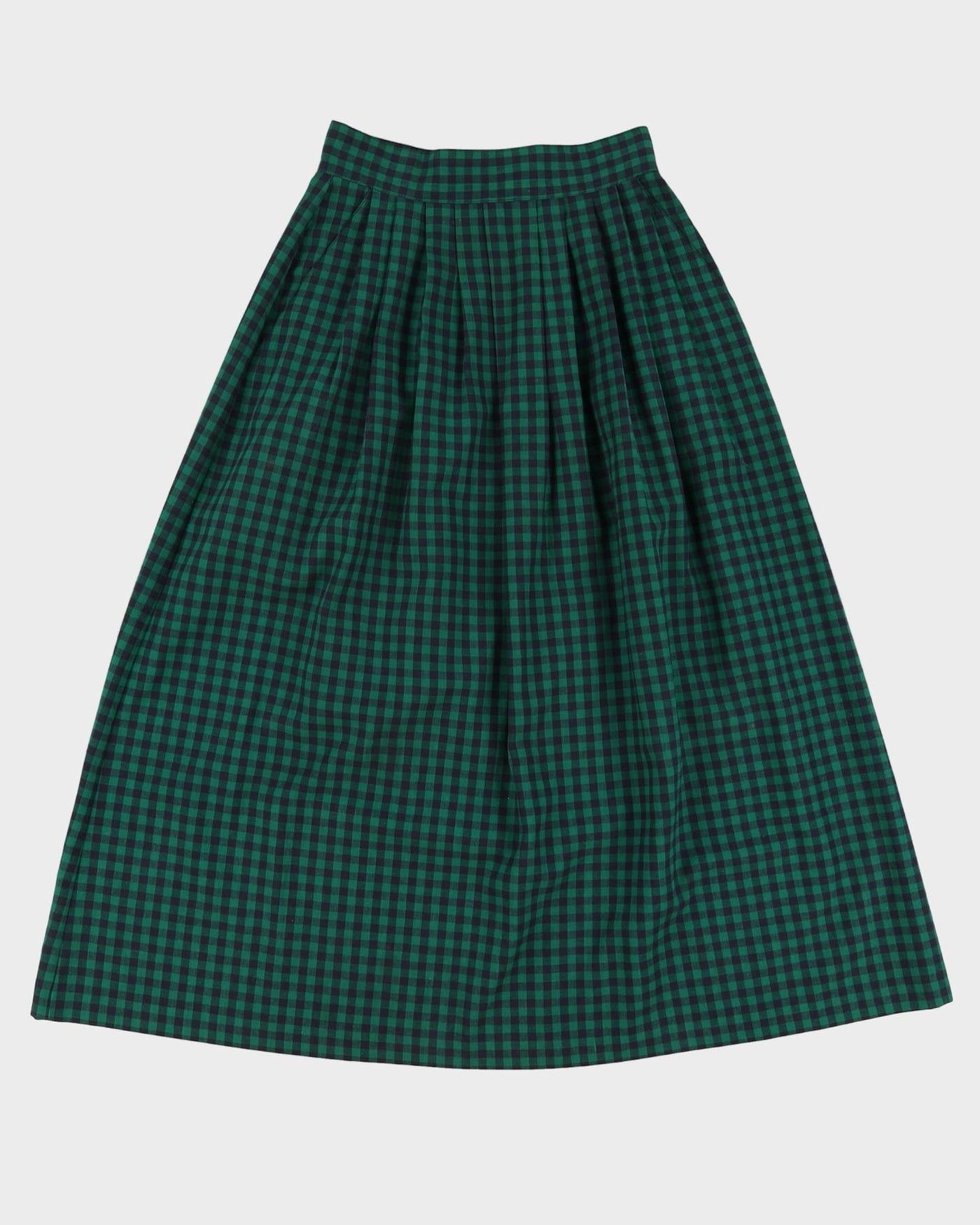 1990s Green And Navy Checked Pleated Midi Skirt - S