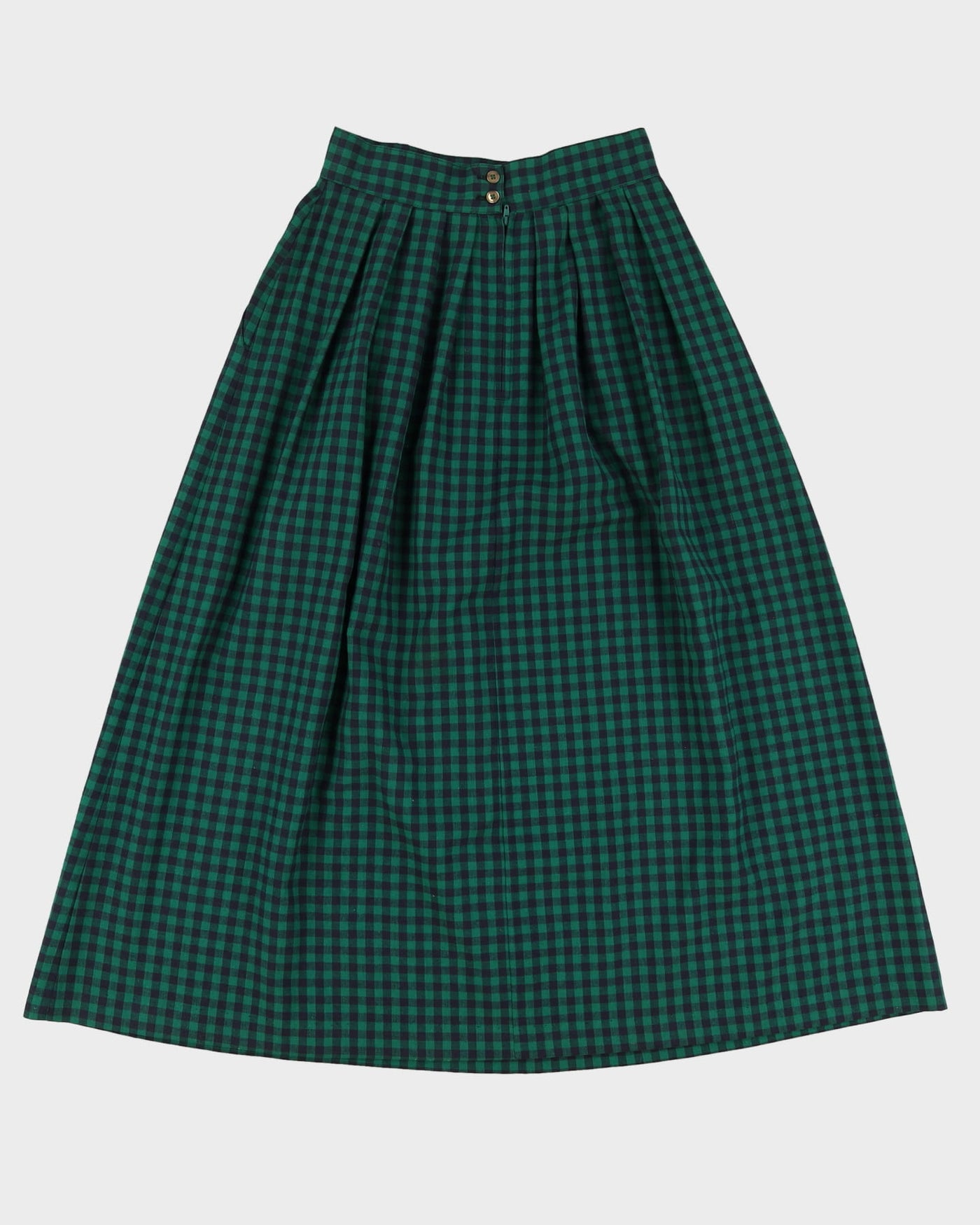 1990s Green And Navy Checked Pleated Midi Skirt - S