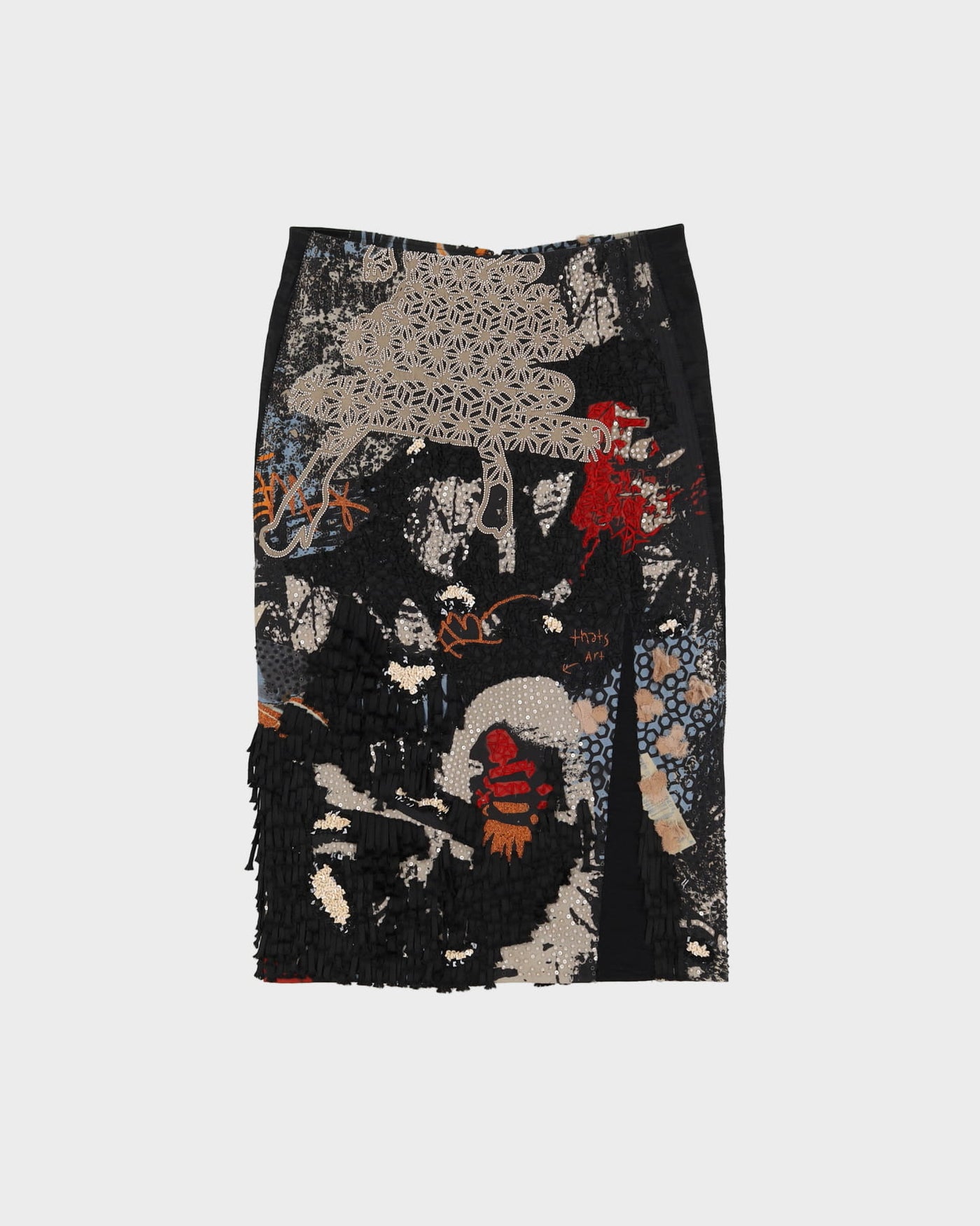 DKNY Black Patterned Beaded Fringed Pencil Skirt - S
