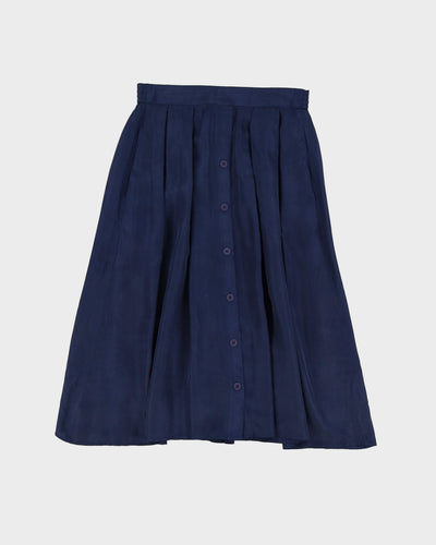 Navy Blue Silk Pleated Midi Skirt - S