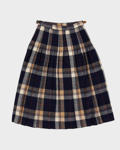 1990s Blue Plaid Wool Skirt - S
