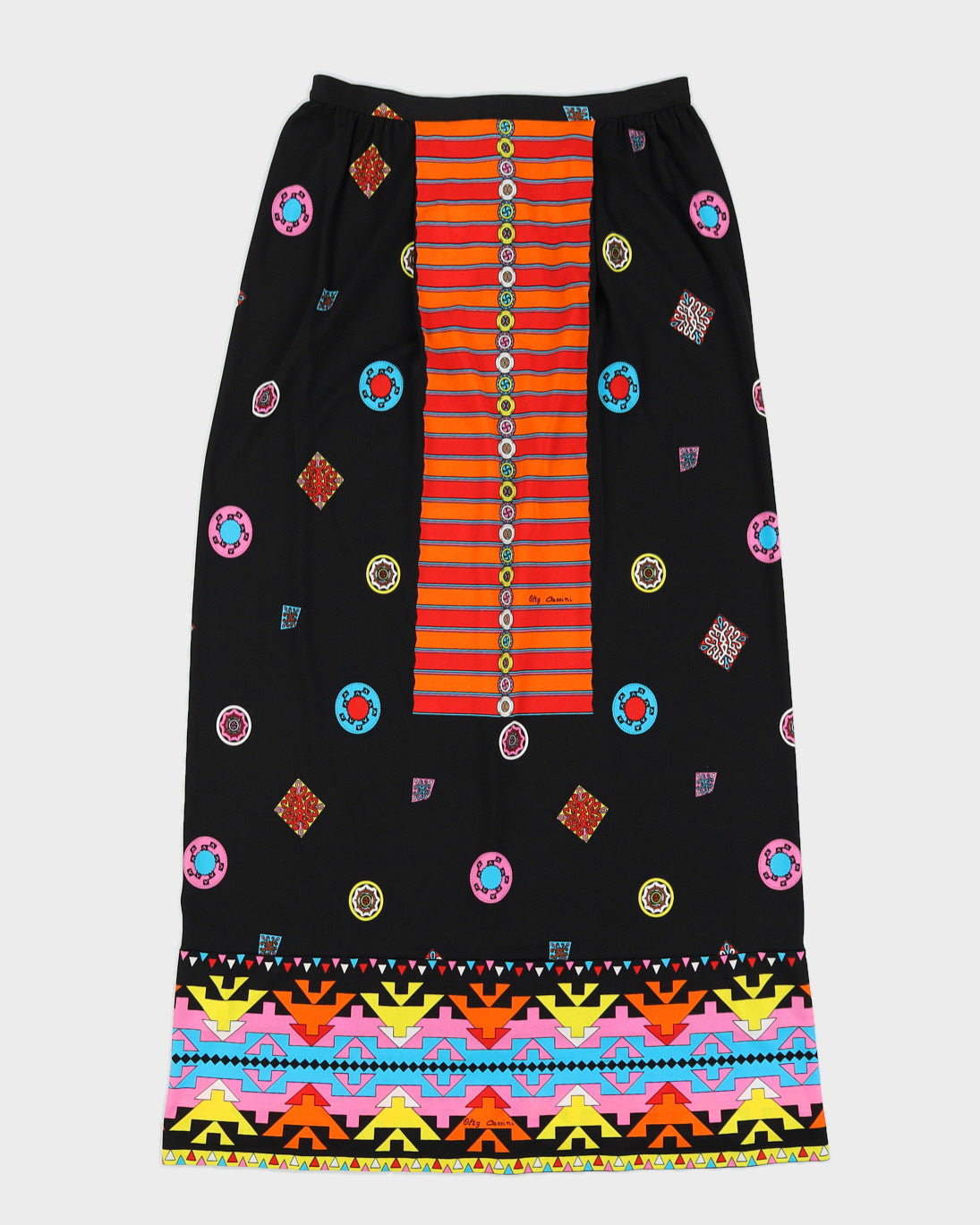 Vintage 1970s Oleg Cassini Black Symbol Print Maxi Skirt - M