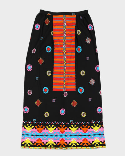 Vintage 1970s Oleg Cassini Black Symbol Print Maxi Skirt - M