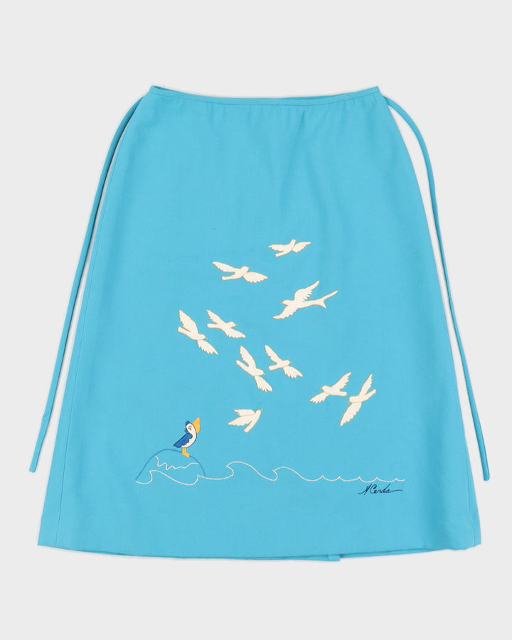 Vintage 1960s Azure Blue Seagull Embroidery Knee Skirt - M